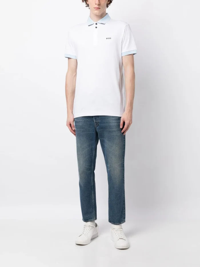 BOSS Contrasting Trim Polo Shirt White Blue - MAISONDEFASHION.COM