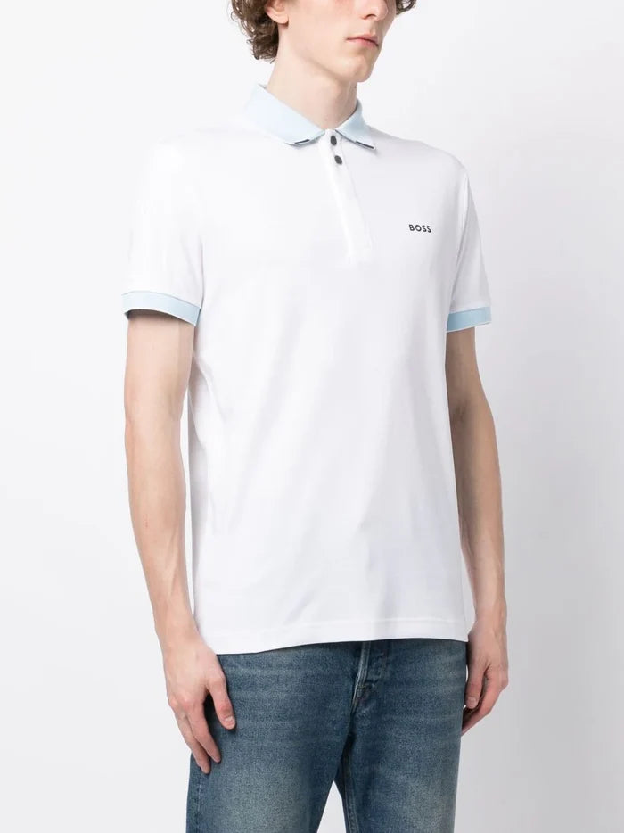 BOSS Contrasting Trim Polo Shirt White Blue - MAISONDEFASHION.COM