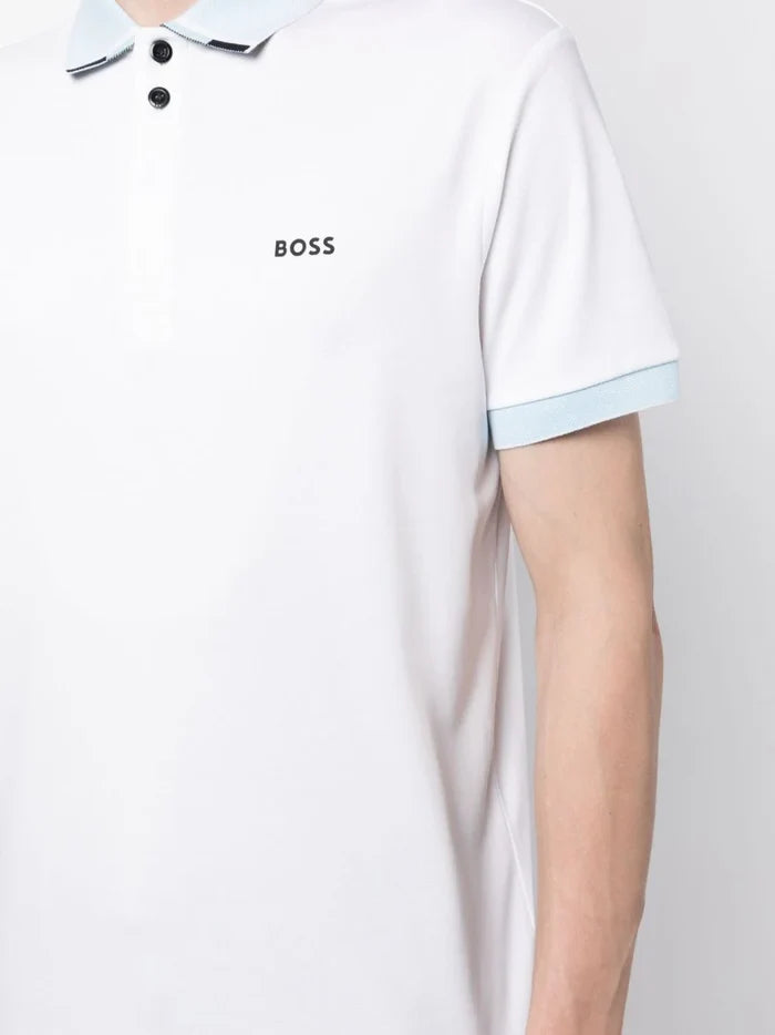 BOSS Contrasting Trim Polo Shirt White Blue - MAISONDEFASHION.COM