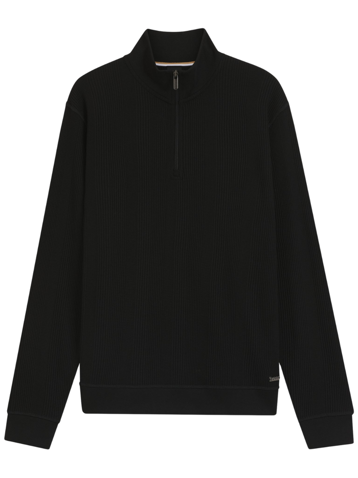 BOSS Cotton-Blend Zipper-Neck Sweatshirt With Waffle Structure Black - MAISONDEFASHION.COM