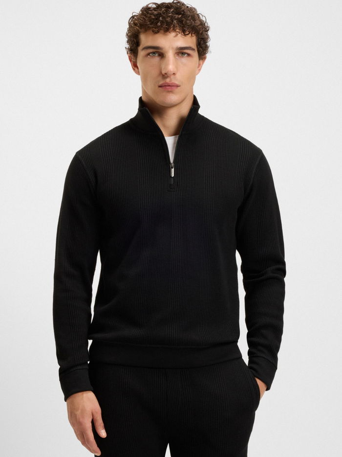 BOSS Cotton-Blend Zipper-Neck Sweatshirt With Waffle Structure Black - MAISONDEFASHION.COM