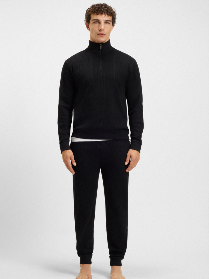 BOSS Cotton-Blend Zipper-Neck Sweatshirt With Waffle Structure Black - MAISONDEFASHION.COM