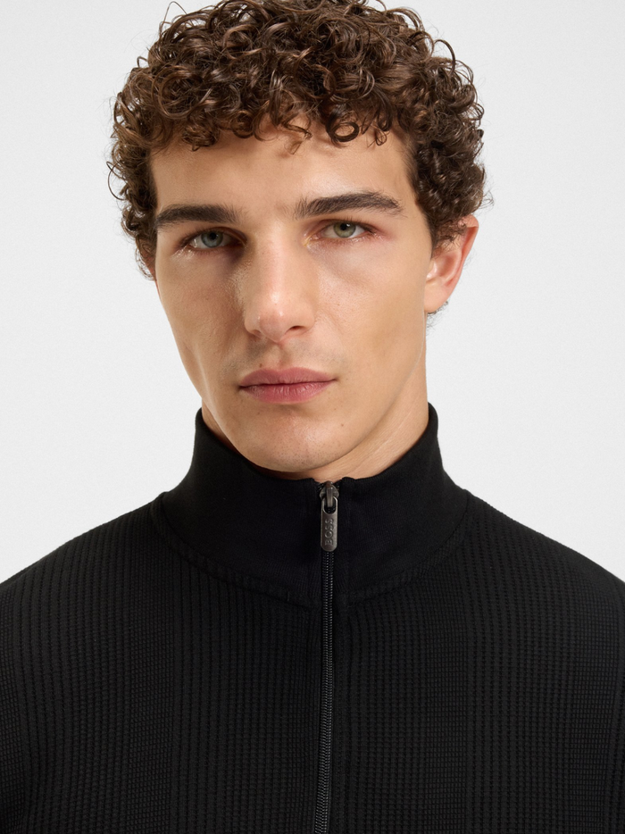 BOSS Cotton-Blend Zipper-Neck Sweatshirt With Waffle Structure Black - MAISONDEFASHION.COM