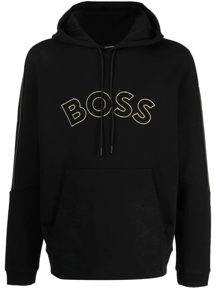 BOSS Curved Logo-embroidered Drawstring Hoodie Black - MAISONDEFASHION.COM