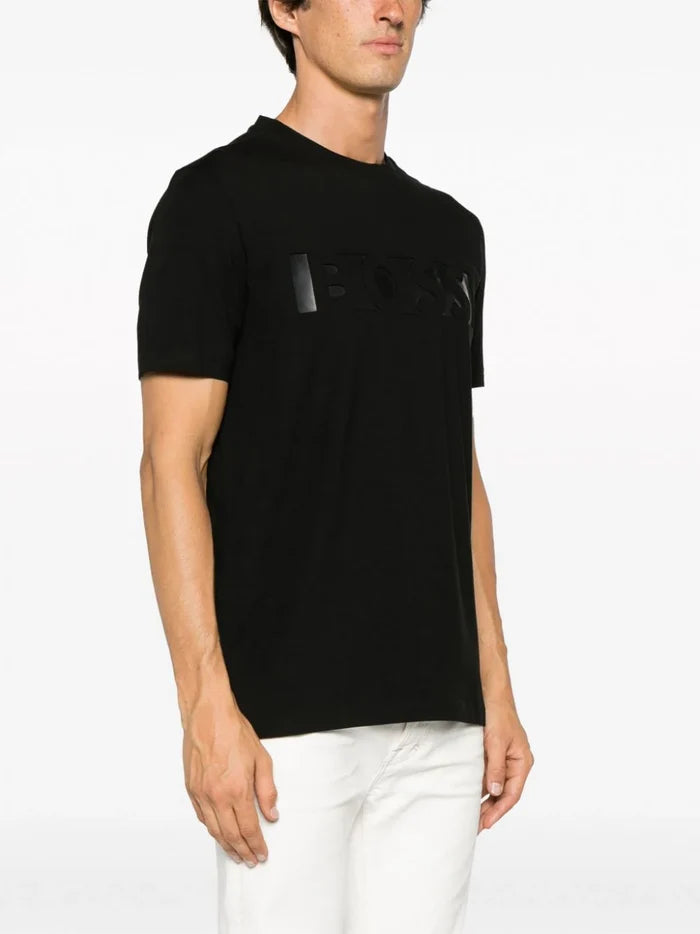 BOSS MEN Debossed-logo Cotton T-Shirt Black - MAISONDEFASHION.COM