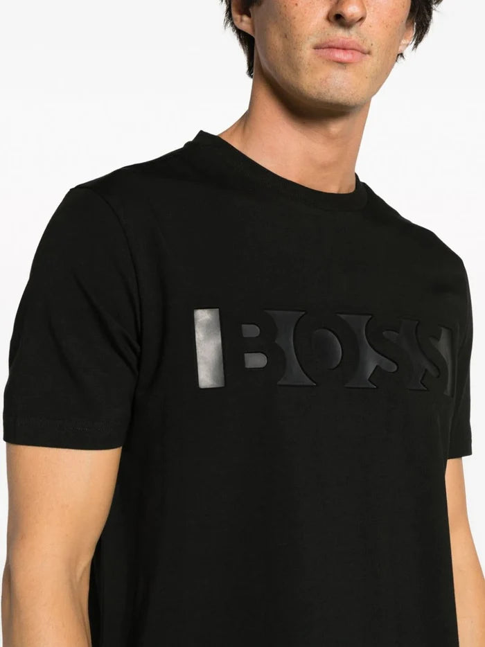 BOSS MEN Debossed-logo Cotton T-Shirt Black - MAISONDEFASHION.COM