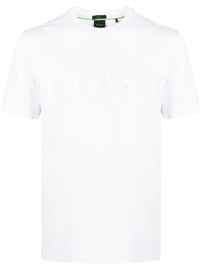 BOSS MEN Debossed-logo Crew Neck Cotton Short-sleeved T-Shirt White - MAISONDEFASHION.COM