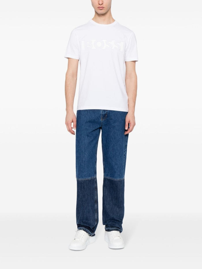 BOSS MEN Debossed-logo Crew Neck Cotton Short-sleeved T-Shirt White - MAISONDEFASHION.COM
