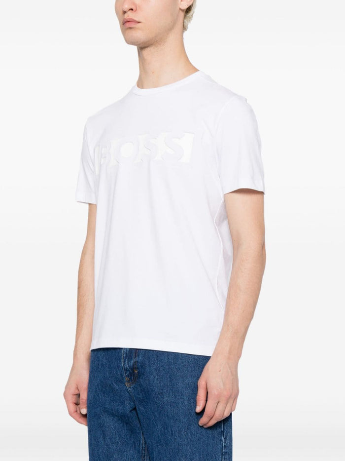 BOSS MEN Debossed-logo Crew Neck Cotton Short-sleeved T-Shirt White - MAISONDEFASHION.COM