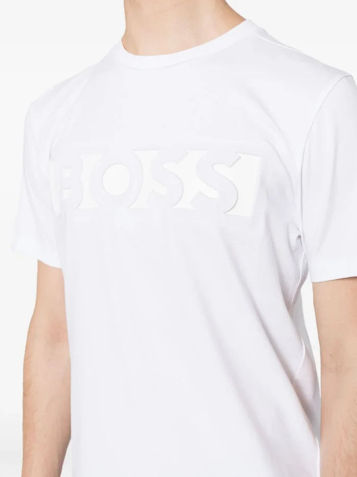 BOSS MEN Debossed-logo Crew Neck Cotton Short-sleeved T-Shirt White - MAISONDEFASHION.COM