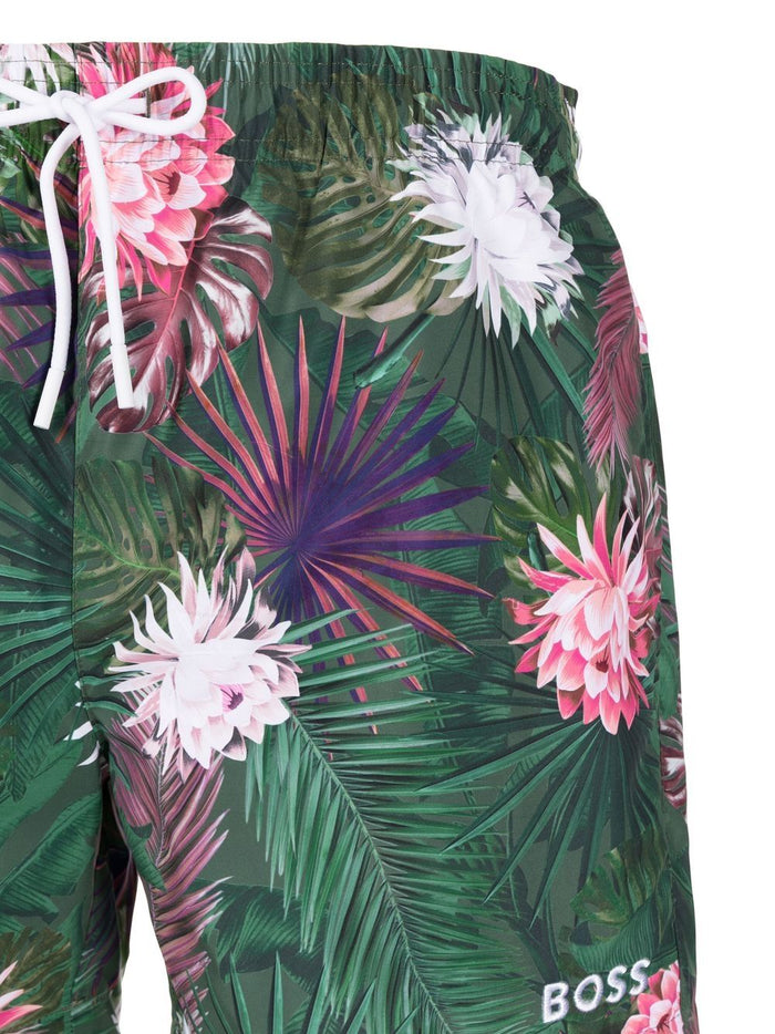 BOSS Floral-print Swim Shorts Green - MAISONDEFASHION.COM