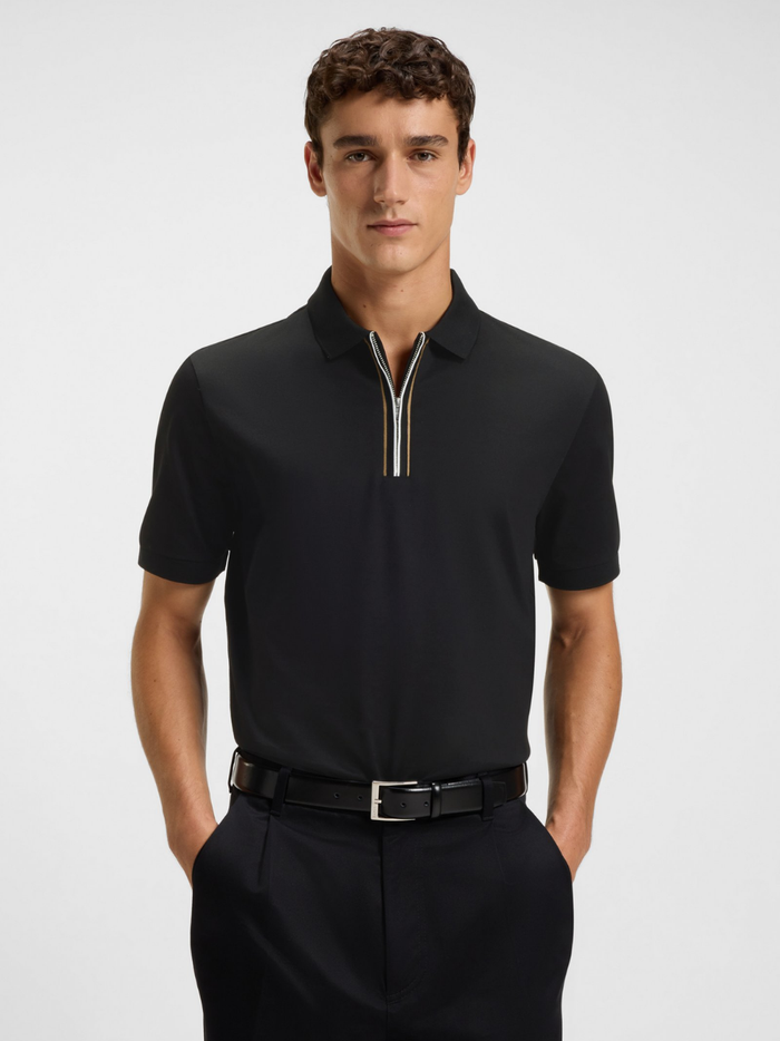 BOSS H-Paras Mercerised-Cotton Polo Shirt With Zip Placket Black - MAISONDEFASHION.COM