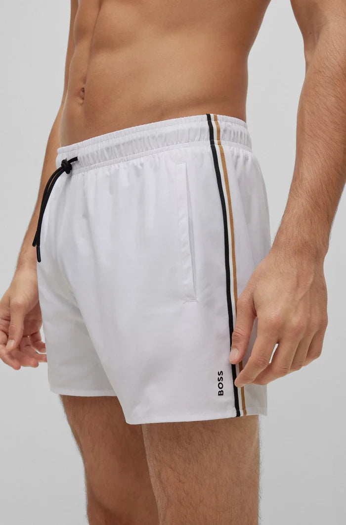 BOSS Iconic Logo Print Swim Shorts White - MAISONDEFASHION.COM