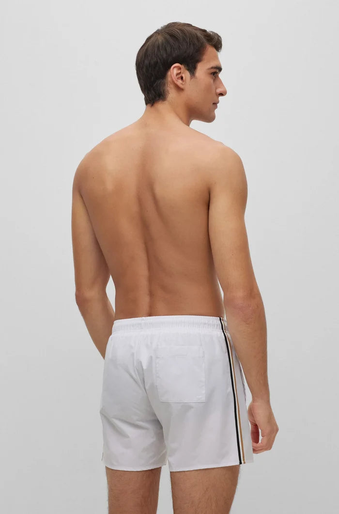 BOSS Iconic Logo Print Swim Shorts White - MAISONDEFASHION.COM