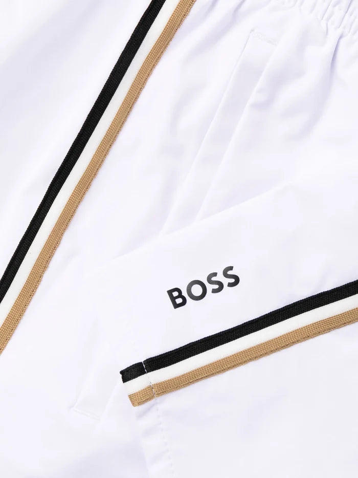 BOSS MEN Iconic Logo Print Swim Shorts White - MAISONDEFASHION.COM