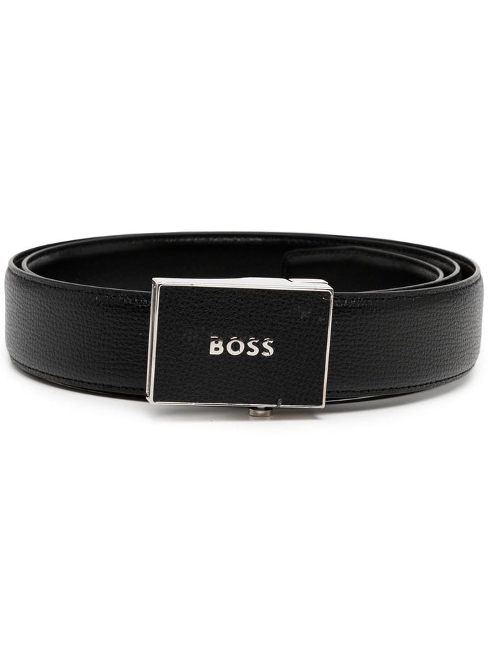 BOSS Logo-buckle Grained-leather Belt Black - MAISONDEFASHION.COM