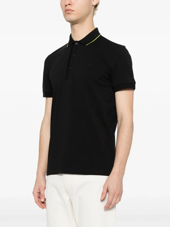 BOSS MEN Logo-embroidered Short-sleeved Polo Shirt Charcoal - MAISONDEFASHION.COM