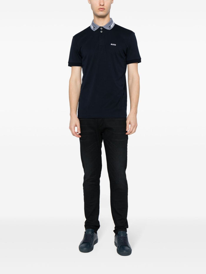 BOSS MEN Logo-Embroidered Short-Sleeved Polo Shirt Dark Blue - MAISONDEFASHION.COM