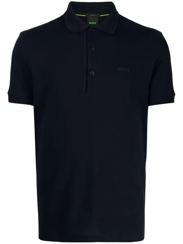 BOSS MEN Logo Embroidered Short Sleeved Polo Shirt Navy - MAISONDEFASHION.COM