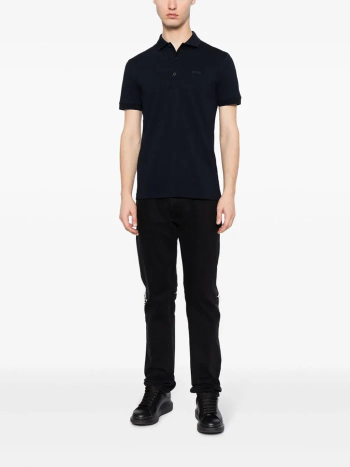 BOSS MEN Logo Embroidered Short Sleeved Polo Shirt Navy - MAISONDEFASHION.COM