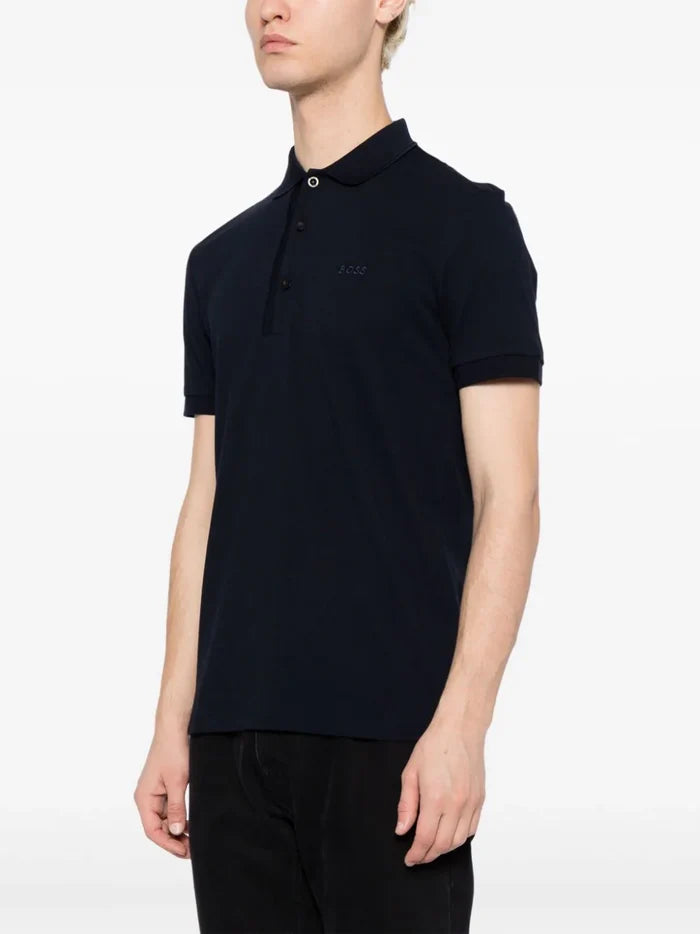 BOSS MEN Logo Embroidered Short Sleeved Polo Shirt Navy - MAISONDEFASHION.COM