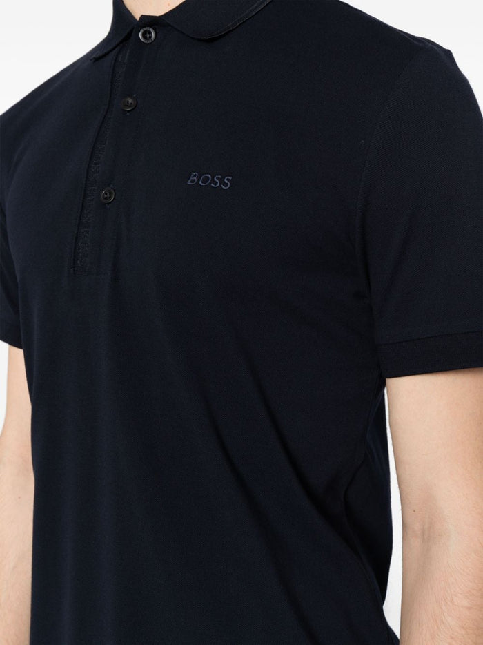 BOSS MEN Logo Embroidered Short Sleeved Polo Shirt Navy - MAISONDEFASHION.COM