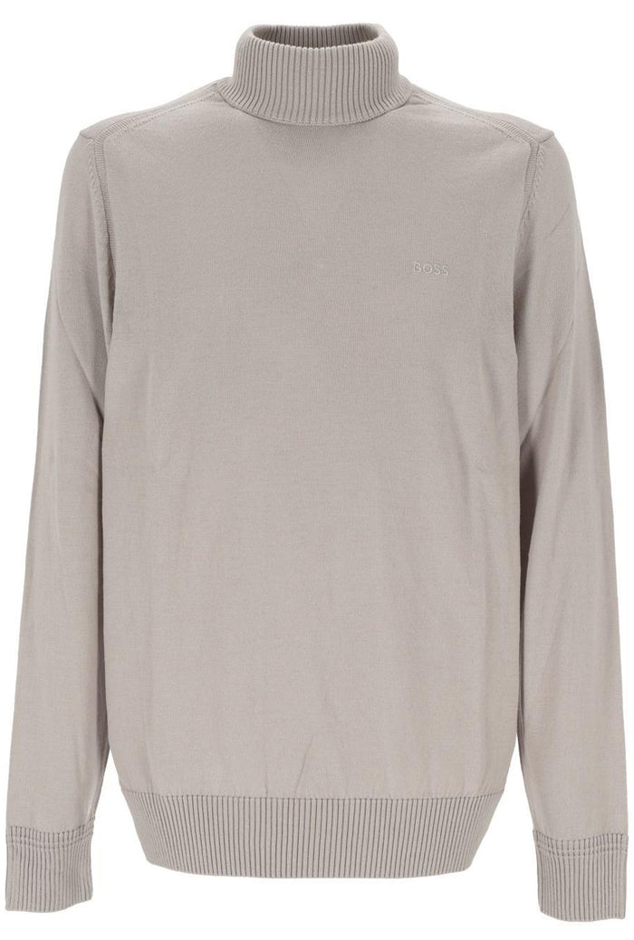 BOSS Logo Embroidered Wool Blend Turtle Neck Sweater Light Beige - MAISONDEFASHION.COM