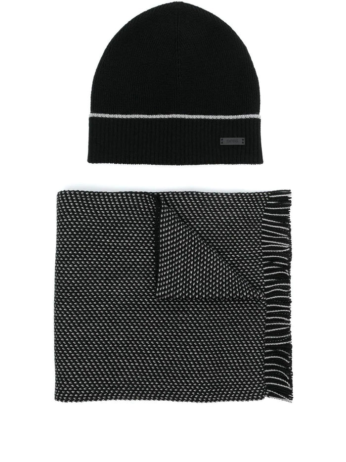 BOSS Logo-patch Beanie Set Black - MAISONDEFASHION.COM