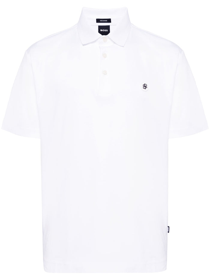 Front view of the BOSS Logo Patch Cotton Polo Shirt in White, featuring a subtle logo patch on the chest and a classic button placket.