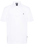Front view of the BOSS Logo Patch Cotton Polo Shirt in White, featuring a subtle logo patch on the chest and a classic button placket.