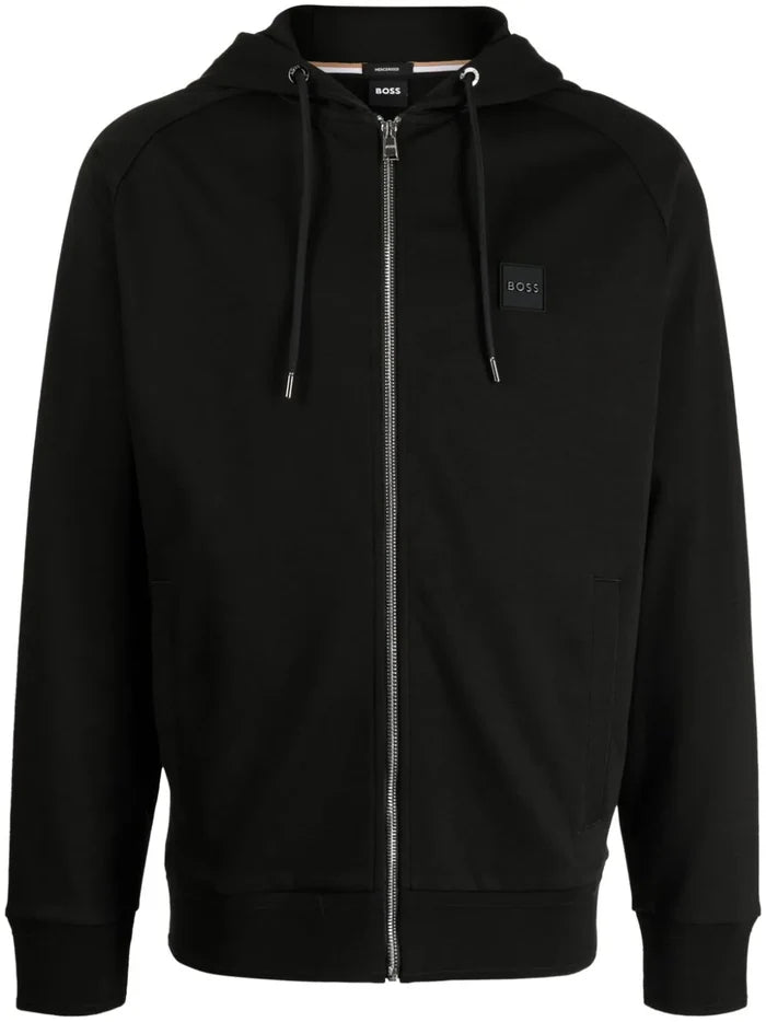 BOSS MEN Logo-patch Drawstring Hoodie Black - MAISONDEFASHION.COM