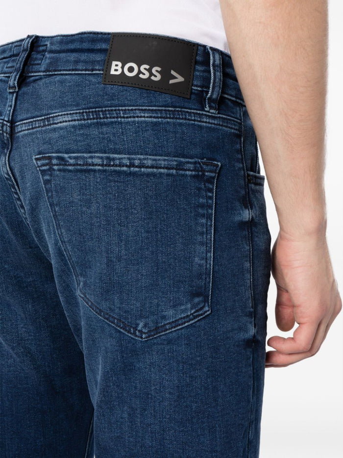 BOSS MEN Logo-Patch Straight-Leg Regular Fit Jeans Navy Blue - MAISONDEFASHION.COM