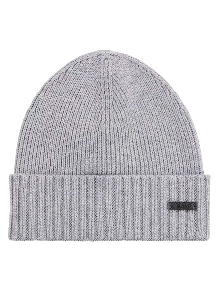 BOSS MEN Logo-patch Virgin Wool Beanie Silver - MAISONDEFASHION.COM