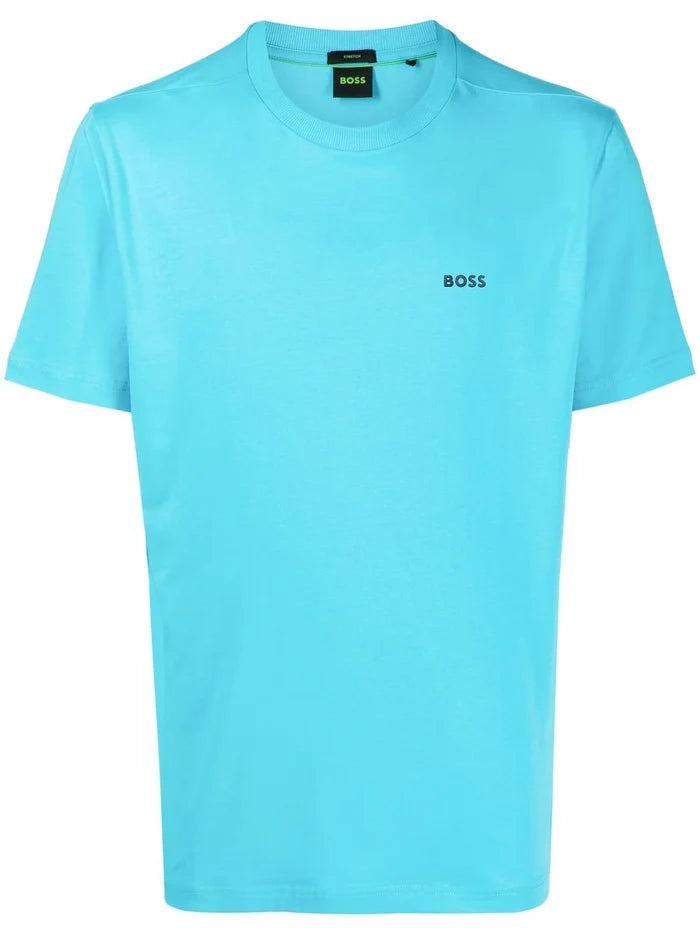 BOSS Logo Print Cotton T-Shirt Open Blue - MAISONDEFASHION.COM