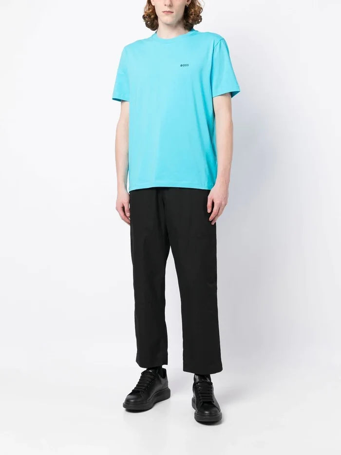 BOSS Logo Print Cotton T-Shirt Open Blue - MAISONDEFASHION.COM