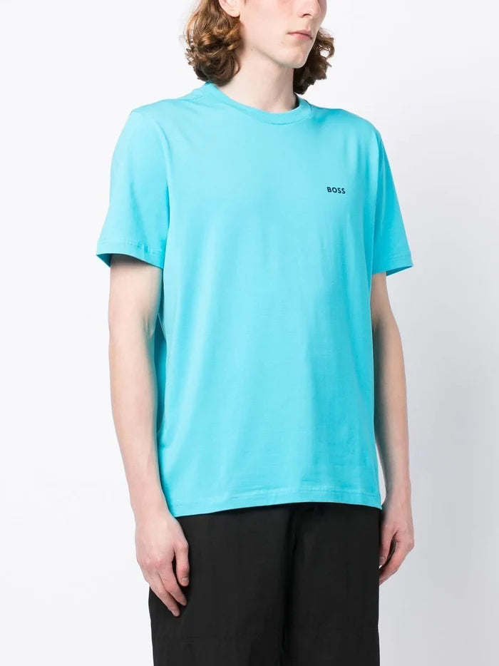 BOSS Logo Print Cotton T-Shirt Open Blue - MAISONDEFASHION.COM