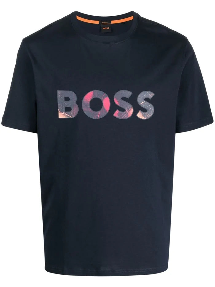 BOSS Logo-print Patch T-shirt Dark Blue - MAISONDEFASHION.COM