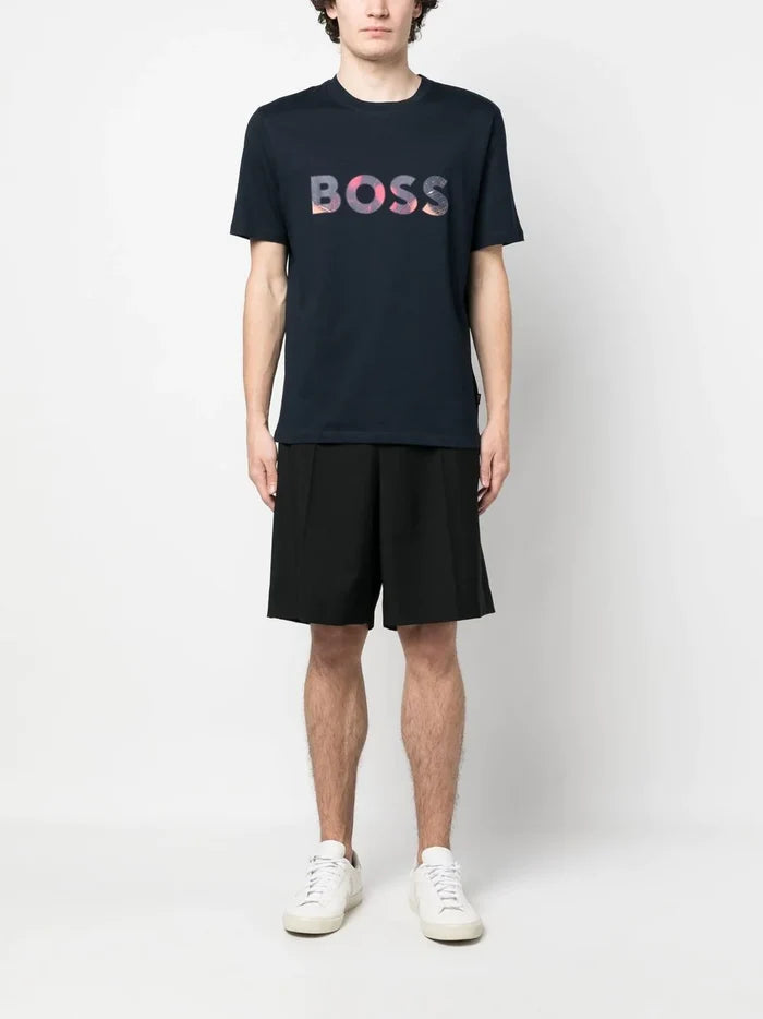 BOSS Logo-print Patch T-shirt Dark Blue - MAISONDEFASHION.COM