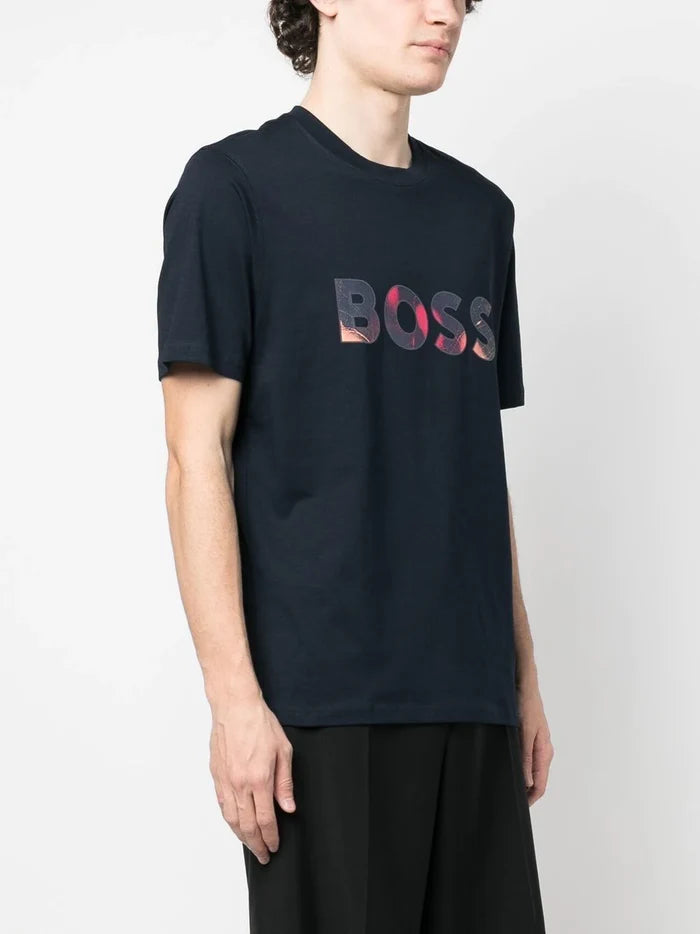 BOSS Logo-print Patch T-shirt Dark Blue - MAISONDEFASHION.COM