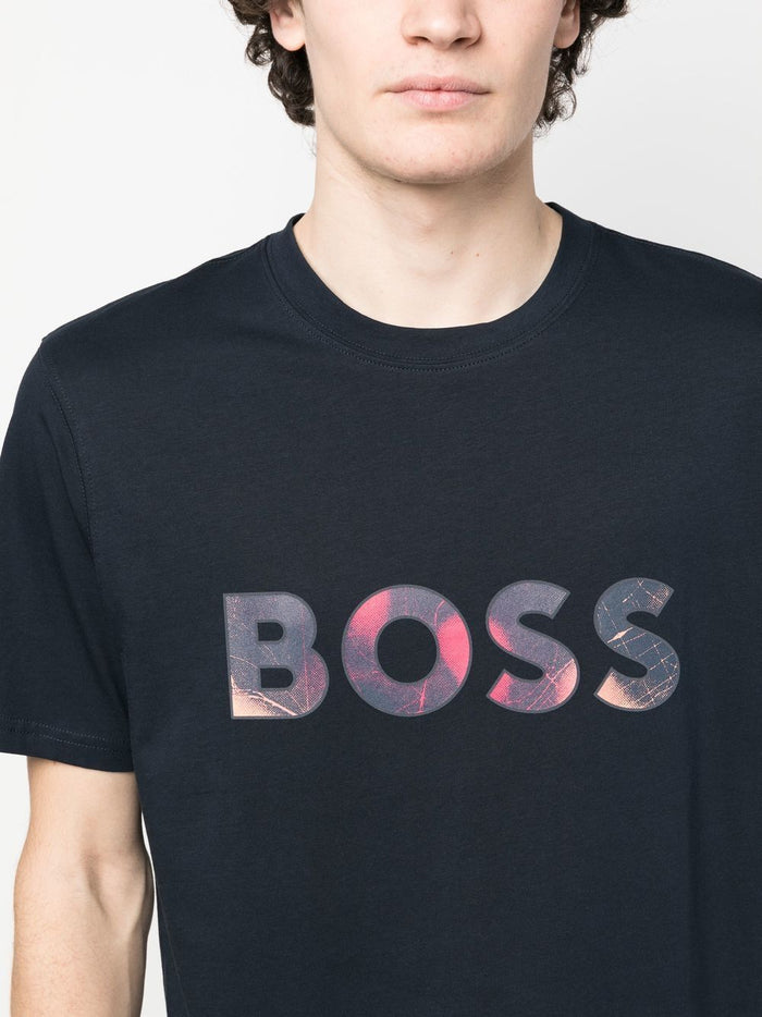 BOSS Logo-print Patch T-shirt Dark Blue - MAISONDEFASHION.COM