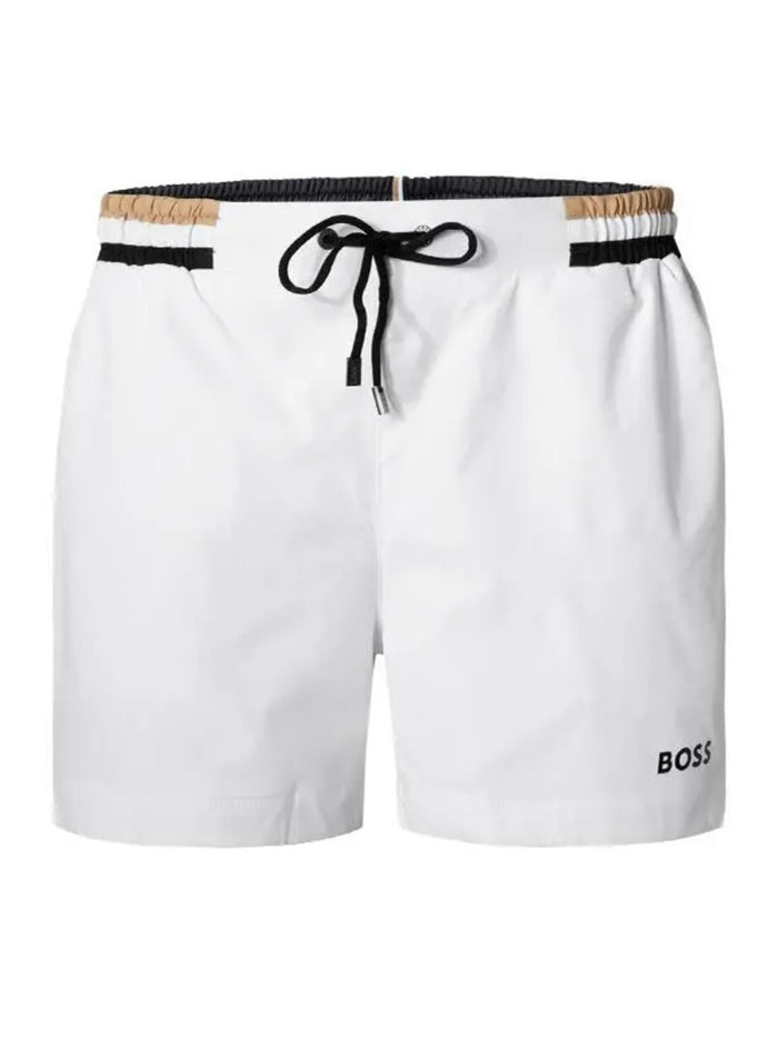 BOSS Logo-Print Swim Shorts White - MAISONDEFASHION.COM