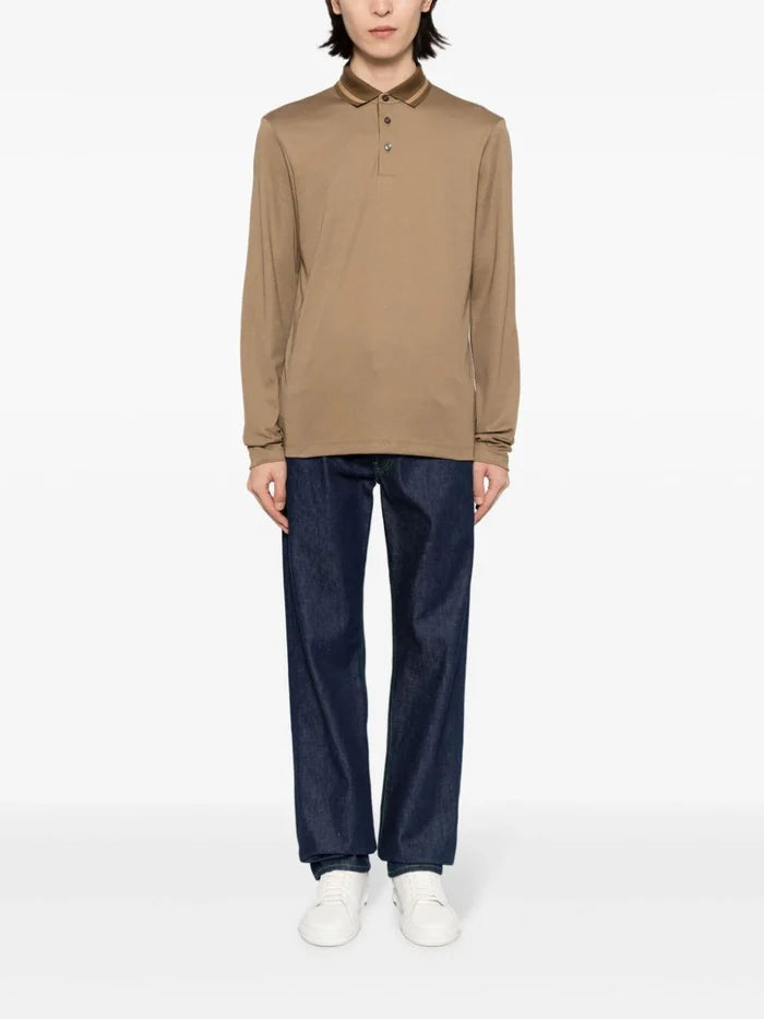BOSS MEN Long-Sleeved Polo Shirt Open Green Brown - MAISONDEFASHION.COM