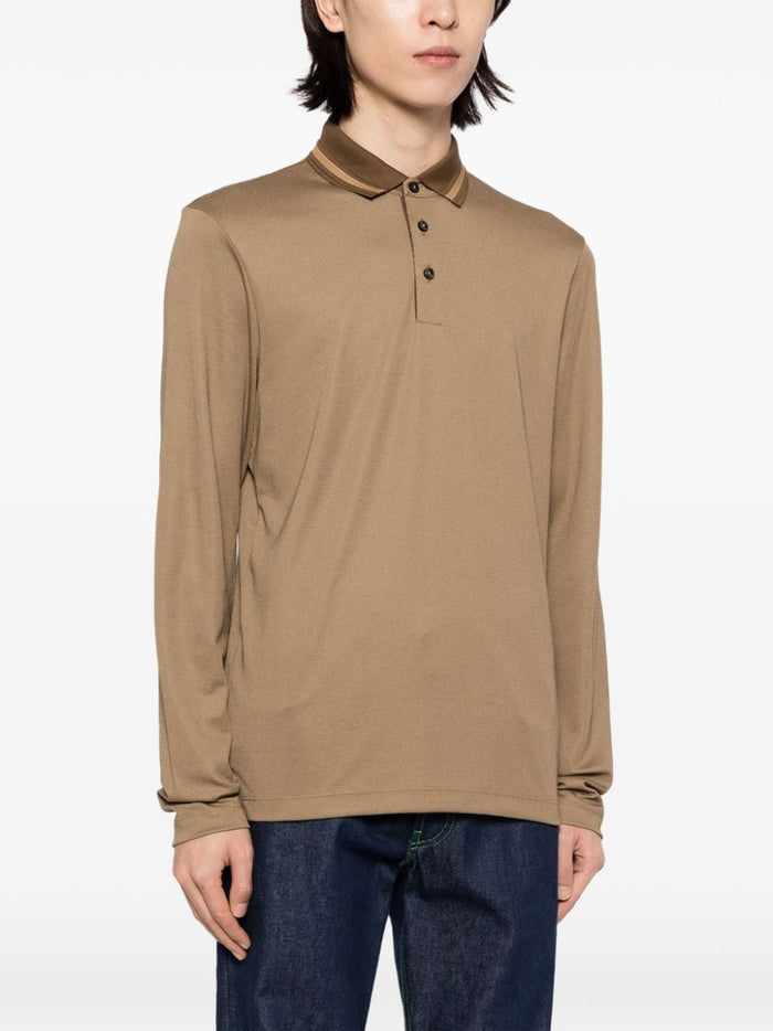 BOSS MEN Long-Sleeved Polo Shirt Open Green Brown - MAISONDEFASHION.COM