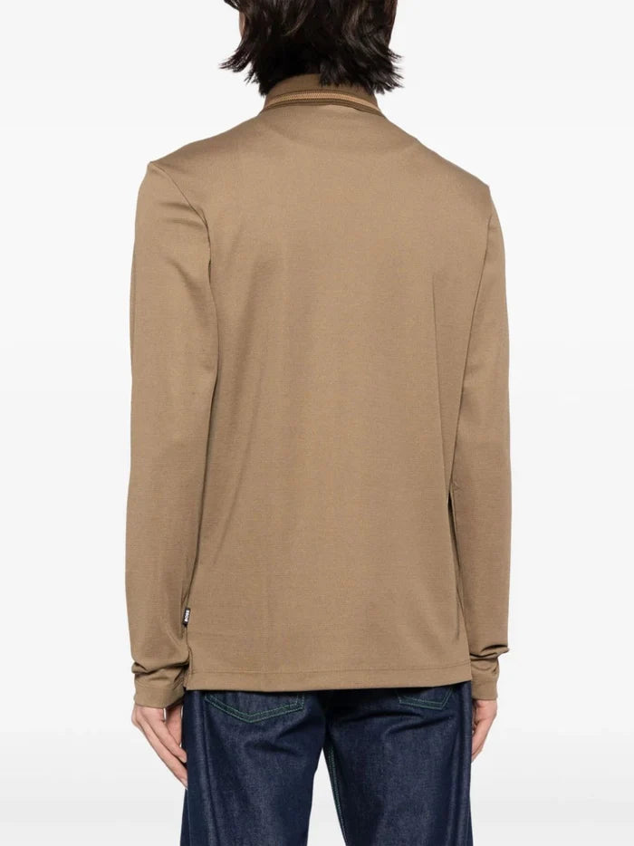 BOSS MEN Long-Sleeved Polo Shirt Open Green Brown - MAISONDEFASHION.COM