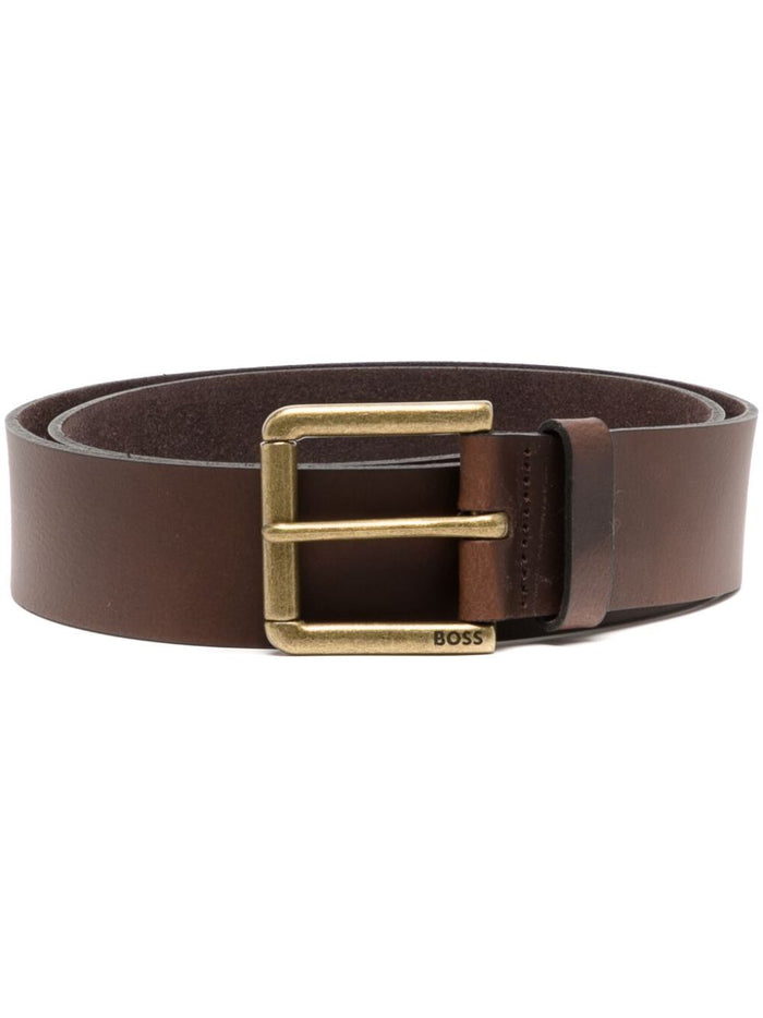 BOSS MEN Brushed Metal Leather Belt Brown/Gold - MAISONDEFASHION.COM