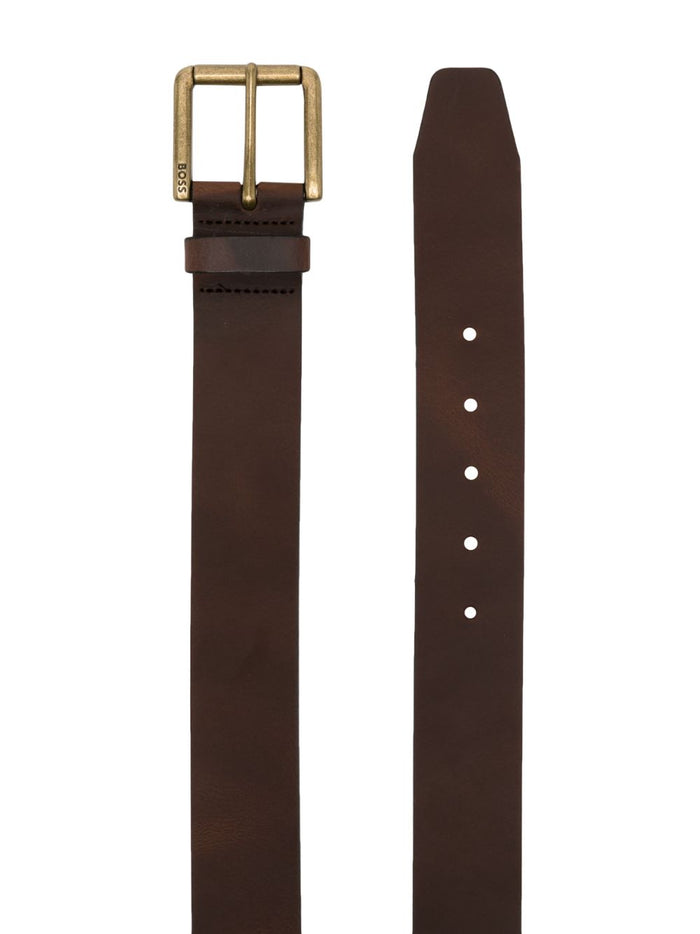 BOSS MEN Brushed Metal Leather Belt Brown/Gold - MAISONDEFASHION.COM