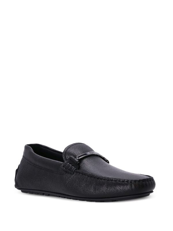 BOSS MEN Grained-leather Moccasins Black - MAISONDEFASHION.COM