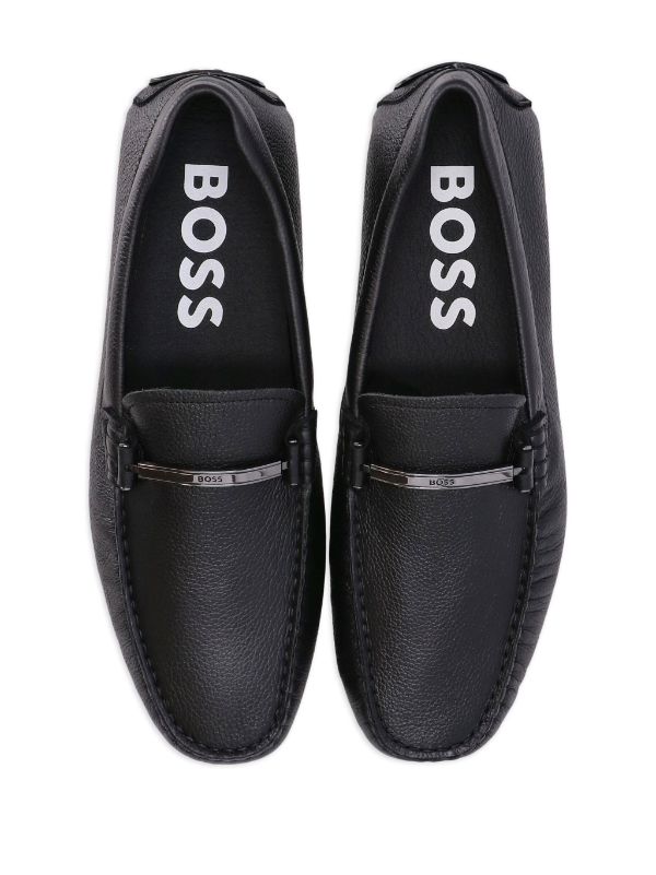 BOSS MEN Grained-leather Moccasins Black - MAISONDEFASHION.COM
