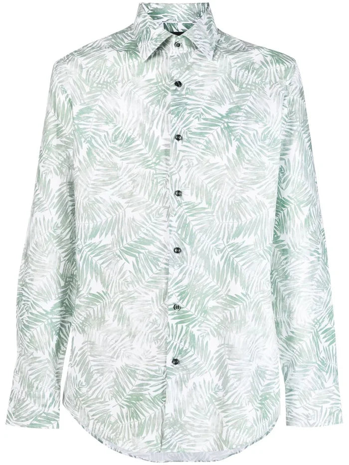 BOSS Leaf-print Long-sleeve Shirt Green/White - MAISONDEFASHION.COM