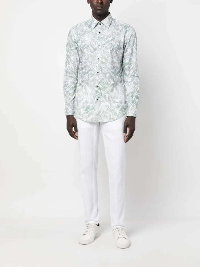 BOSS Leaf-print Long-sleeve Shirt Green/White - MAISONDEFASHION.COM